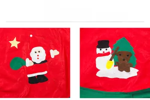 Detail view of red felt Christmas tree skirt featuring Santa and snowman applique crafts
