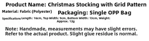 Detailed sizing chart and material specifications for the plaid Christmas stocking gift bag