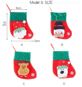 Detailed size specifications for red plush Christmas socks with sequin cuffs and holiday characters