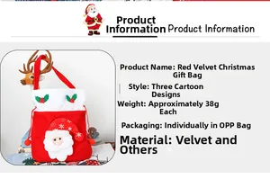 Detail of red velvet Christmas candy bag with 3D Santa design and drawstring closure