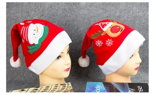 Detail der Schneemann- und Rentierstickerei auf plüschigen rot-weißen Weihnachtsmützen