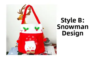Detail of red velvet Christmas candy bag featuring a 3D snowman and holly leaf decor