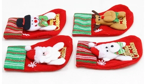 Detailed view of four mini Christmas stockings with 3D Santa, Snowman, Deer and Bear patterns