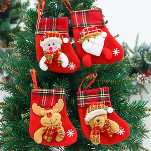 Christmas Stocking Gift Bags With Plaid Cuff 3D Cartoon Santa Snowman Reindeer Bear Hanging Ornament For Holiday Home Decor
