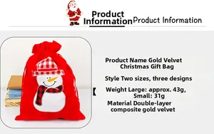 Detail of red velvet Christmas gift bag with embroidered snowman and drawstring closure