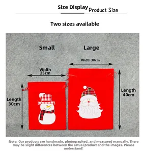 Size chart for velvet Christmas gift bags featuring snowman and Santa Claus designs