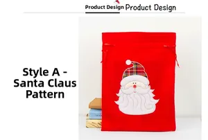 Detail of red velvet Christmas gift bag with Santa Claus embroidery and drawstring