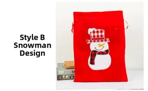Detail of red velvet Christmas gift bag with a 3D snowman pattern and drawstring