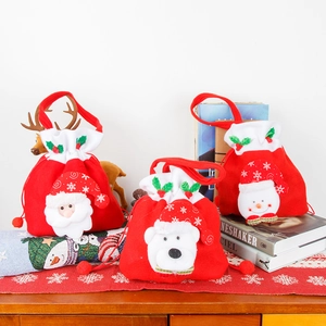 Red Velvet Christmas Gift Bag With Drawstring Plush 3D Santa Snowman Bear Handheld Candy Pouch For Xmas Party Decoration