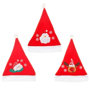 Dreiteiliges Samt-Weihnachtsmützen-Set mit Stickereien von Nikolaus, Schneemann und Rentier