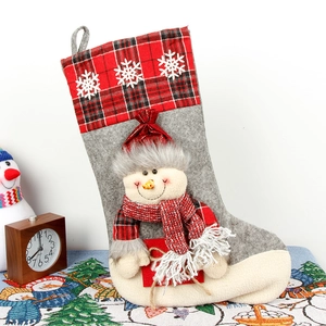 Festive Christmas stocking with 3D snowman character in red plaid and grey felt material