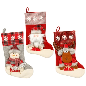 Set of 3 3D Christmas stockings featuring Santa, Snowman and Reindeer with festive plaid cuff
