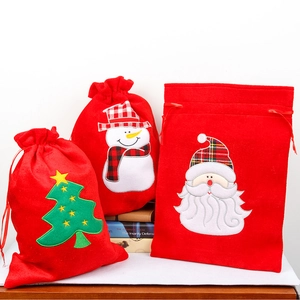 Gold Velvet Christmas Drawstring Gift Bag Embroidered Santa Snowman Pattern Festive Candy Storage Pouch Decoration