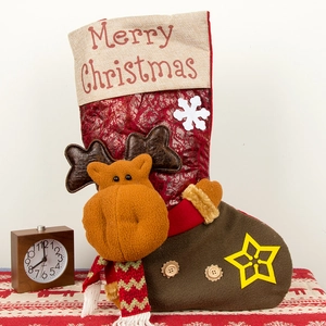 Large Christmas stocking with 3D reindeer decor and Merry Christmas embroidery on red fabric