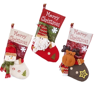 Three large Christmas stockings with Santa, Snowman and Reindeer for holiday decorations