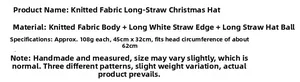 Specifications of knit Christmas hat with plush trim, size 45x32cm and 108g weight detail