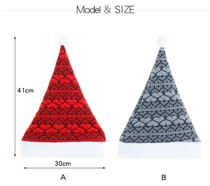 Detailed size chart for knitted Christmas hats showing 41cm height and 30cm width specs