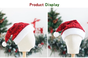 Detail of red and black buffalo plaid knitted Christmas hat with thick white plush brim