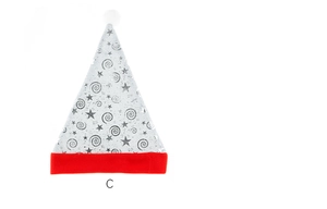 Detail of silver Christmas hat with black spiral stars and red plush trim, style C