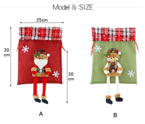 Detailed view of Christmas burlap gift bags with 3D plush doll legs and sizing measurements