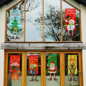 Set of six festive Christmas window banners featuring Santa and Snowman leg designs