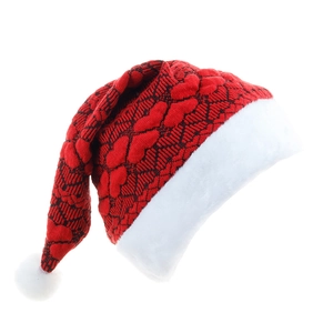 Knitted Christmas hat with red heart patterns and plush white trim and pom pom
