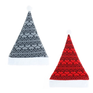 Knitted Christmas hats in red and grey colors with heart jacquard pattern and white faux fur trim