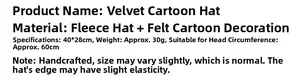 Size specifications and material detail chart for plush Christmas cartoon hats 40x28cm