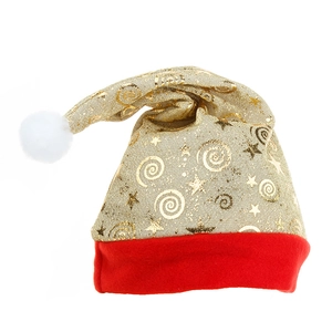 Festive Christmas hat featuring gold star prints and soft white plush trim on red fabric