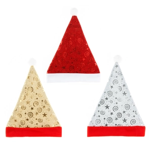 Three mesh Christmas hats with gold star patterns and plush white pom-poms on top