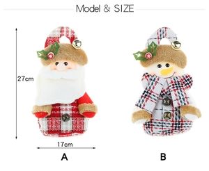 Detail view of Santa and Snowman plush gift bags with bells and size dimensions