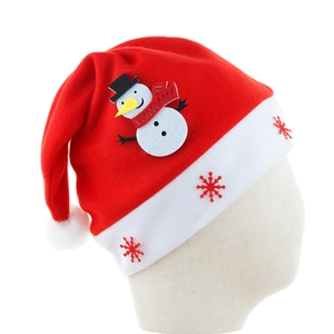 Red velvet Christmas hat with snowman patch and embroidered snowflakes on white faux fur brim