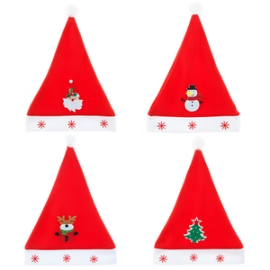 Red flannel Christmas hats set featuring Santa, Snowman, Reindeer and Tree cartoon designs
