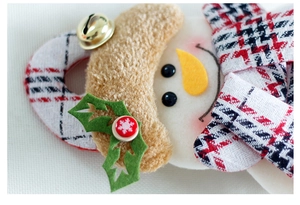 Detail of Christmas snowman plush with metal bell, holly leaf, and houndstooth pattern