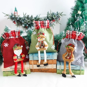 3D Long Leg Doll Christmas Gift Bags Burlap Linen Drawstring Pouch Santa Snowman Reindeer Pattern Holiday Party Candy Bags