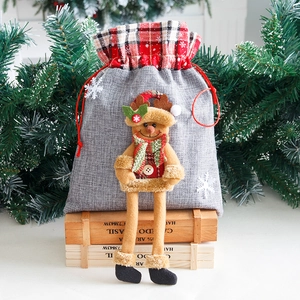 Christmas burlap gift bag with plush reindeer doll and drawstring for holiday candies
