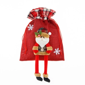 Christmas burlap gift bag with long-legged Santa Claus plush doll and red drawstring