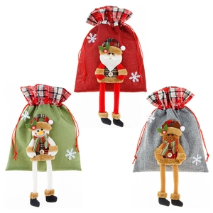Three-piece Christmas linen gift bags with long-legged Santa, snowman, and reindeer dolls