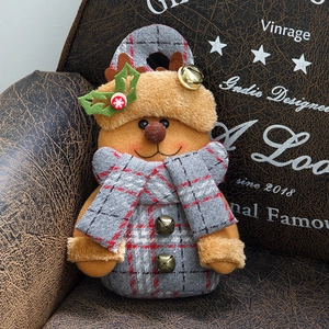 Plush Christmas reindeer doll decoration with plaid scarf and bronze bells ornament