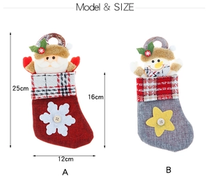 Detail view of burlap Christmas stockings showing 25cm height and cartoon character design