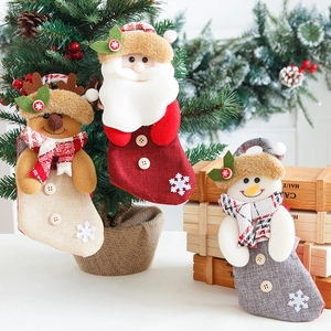 Linen Velvet Christmas Stockings Cartoon Santa Snowman Reindeer Pattern Gift Bags Hanging Ornament Party Home Decoration