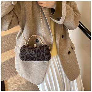 Close-up of leopard print bag featuring gold metal handle and luxury rhinestone clasp