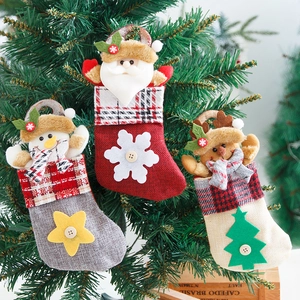 Cartoon Christmas Stocking Decoration Gift Bag With Santa Snowman Reindeer 3D Doll Linen Plaid Christmas Tree Ornament
