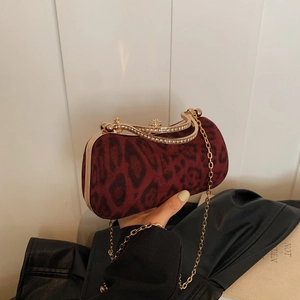 Vintage burgundy leopard print evening bag with rhinestones and gold chain strap