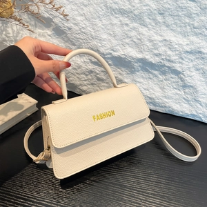 Elegant cream white lychee pattern square handbag with gold fashion text and top handle