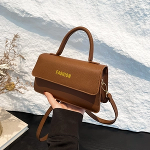 Brown litchi grain square handbag with gold hardware and FASHION lettering