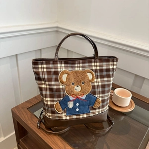 Women Retro Plaid Cloth Tote Bag With Cartoon Animal Bear Cat Dog Applique Stitching Large Capacity Casual Shoulder Handbag
