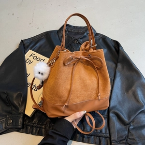 Women Korean Style Vintage PU Leather Bucket Backpack Fashion Patchwork Drawstring Backpack With Plush Pendant For College Daily Commute