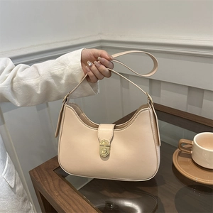Women Fashion PU Leather Half Moon Underarm Bag With Gold Metal Lock Urban Casual Solid Color Hobo Shoulder Bag For Daily Commuting