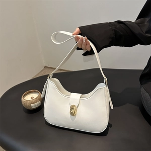 Chic white half-moon underarm bag with gold metal buckle and smooth PU leather finish